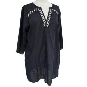 Lands’ End Criss-Cross Laser Cut Long Cotton Lightweight Swim Beach Cover Up-L